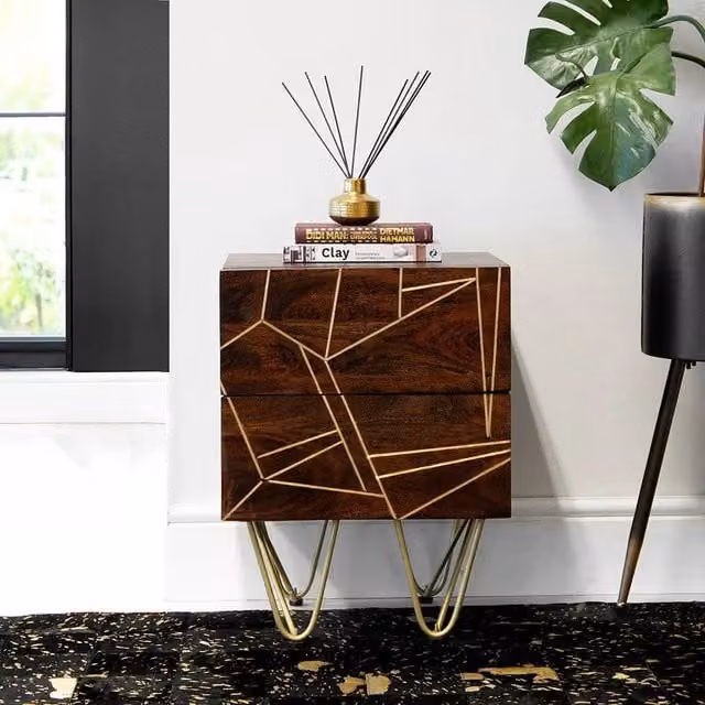 IH Design Jusleen 2 Drawer Lamp Table in Brown Mango Wood and Gold Metal – 1