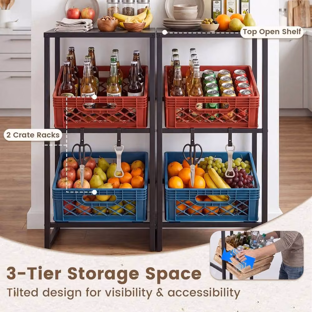VOGREX 3-Tier Metal Drink Crate Storage Rack in Black – 3