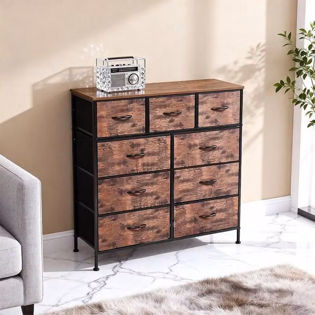FORGEVIO Brown 4 Tier and 9 Drawer Fabric Chest of Drawers