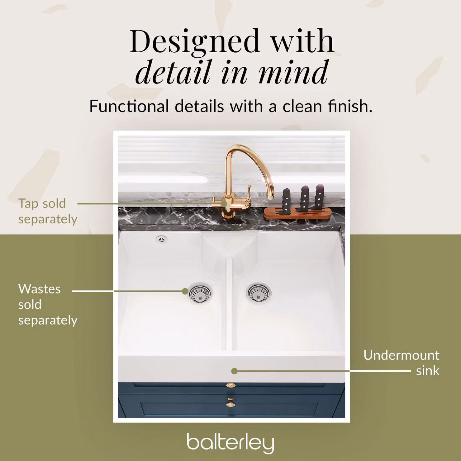 Balterley White Ceramic Fireclay 2 Bowl Stepped Weir Butler Sink with Tap Ledge and Overflow, W: 89.5 cm – 3