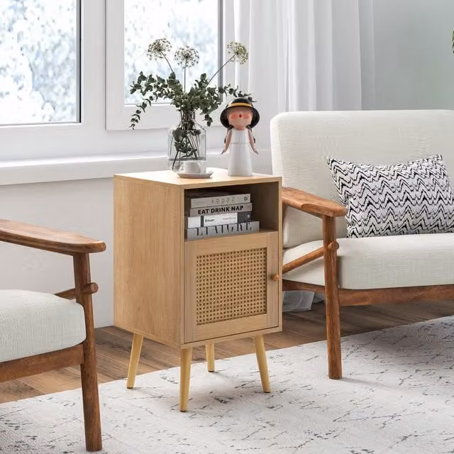 Costway Mid-Century Brown Wooden Rattan Nightstand
