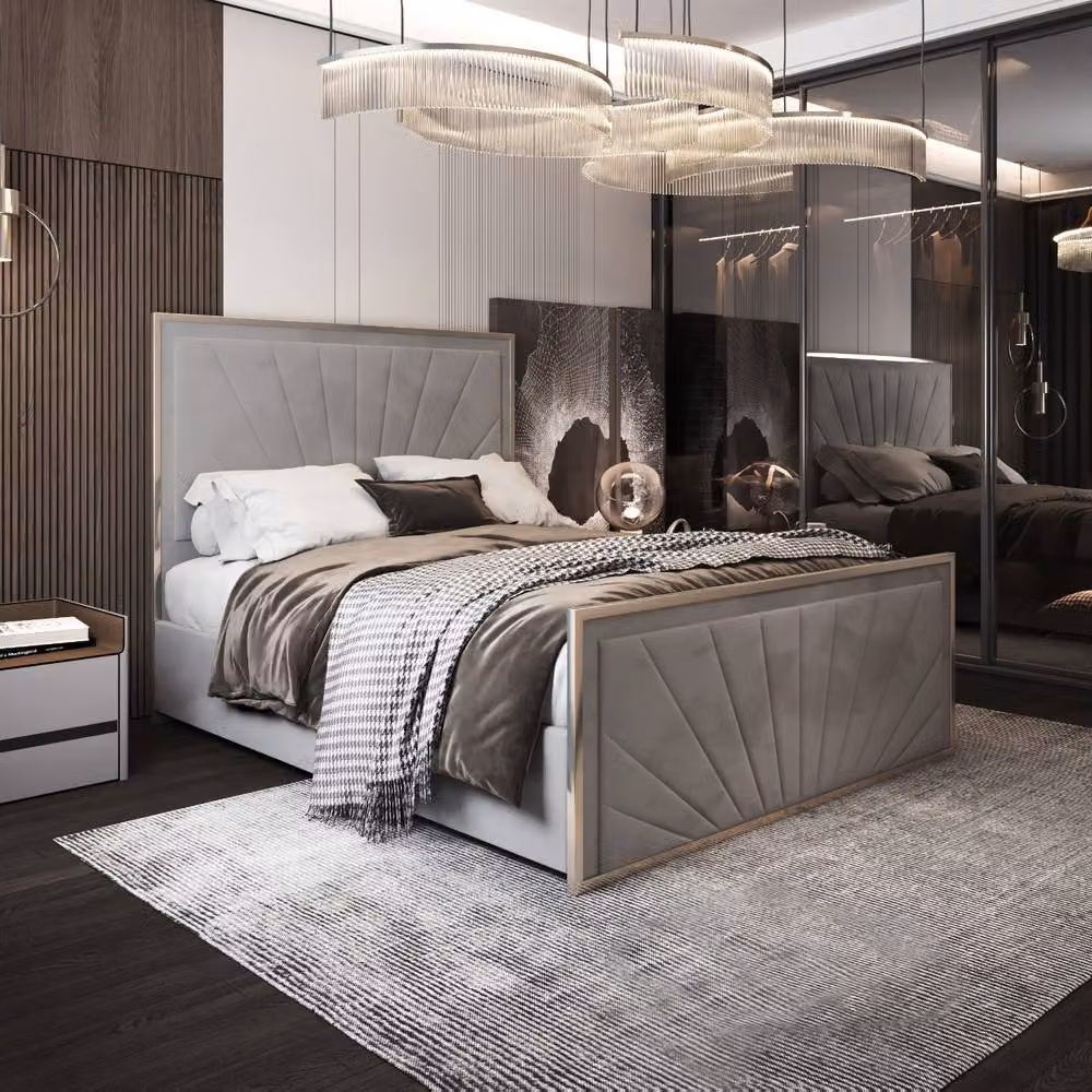 Casani Somerford Modern Upholstered Velvet Bed Frame in Grey with Metal Details, W/D/H: 90 x 200 cm – 2