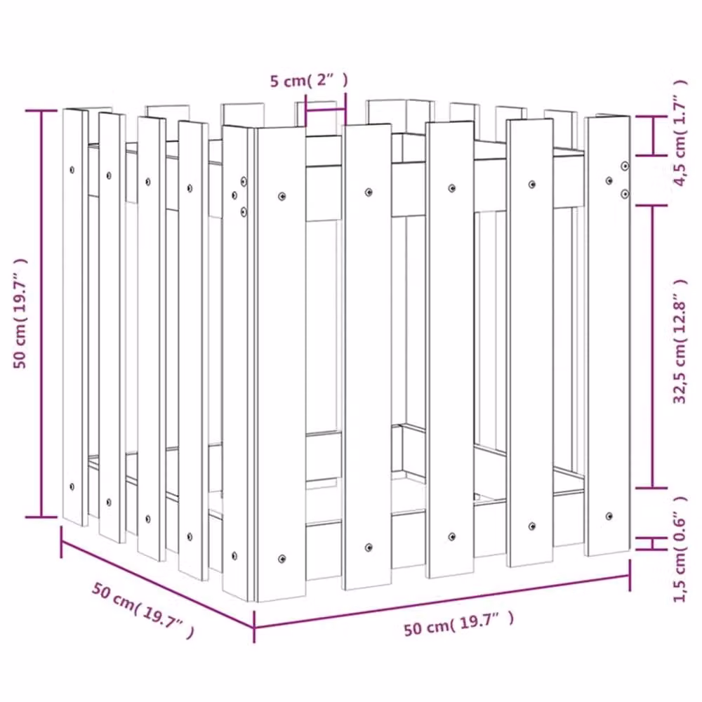 Berkfield Home Durable Garden Planter with Fence Design in Brown Solid Wood W/D/H: 50 x 50 x 50 cm – 3