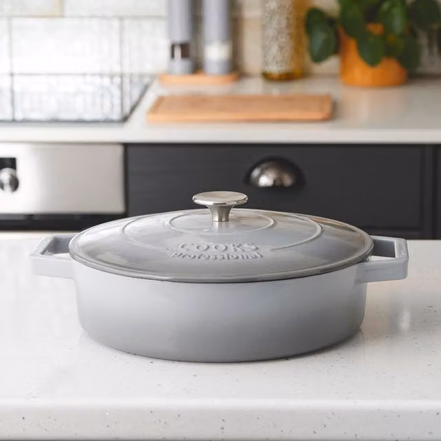 Cooks Professional Enamelled Cast Iron Casserole Dish, Grey, 28 cm