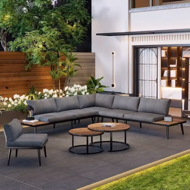 Matteo Grey Modular Outdoor Sofa Set with Acacia Wood Nesting Tables – 1