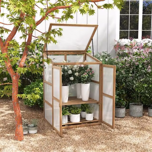 Costway White Wooden Portable Mini Garden Cold Frame Greenhouse with Polycarbonate Shelving – 1