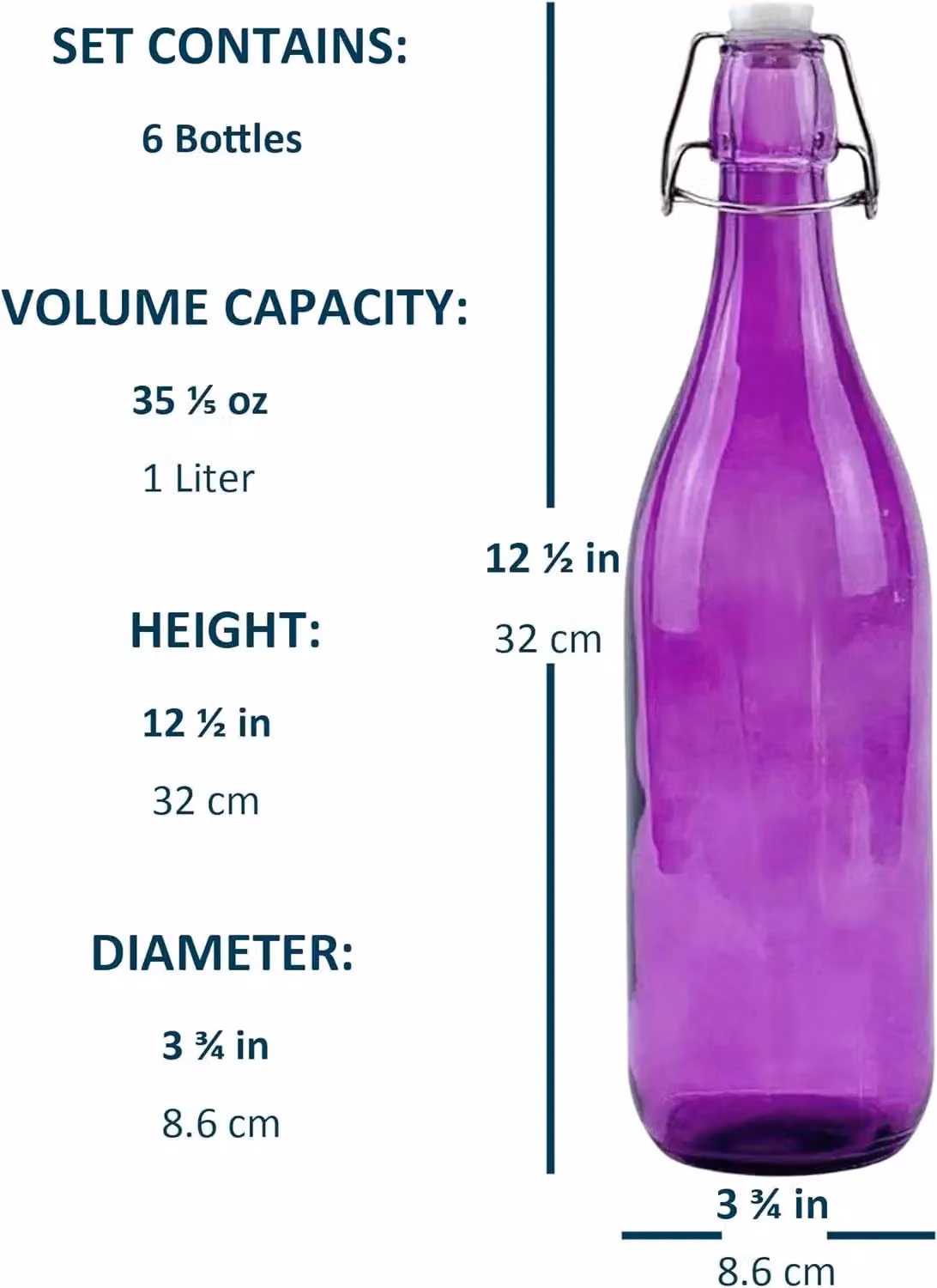 Simpa Set of 6 Purple Glass Bottles with Swing Top Lids, 1 l Each – 5