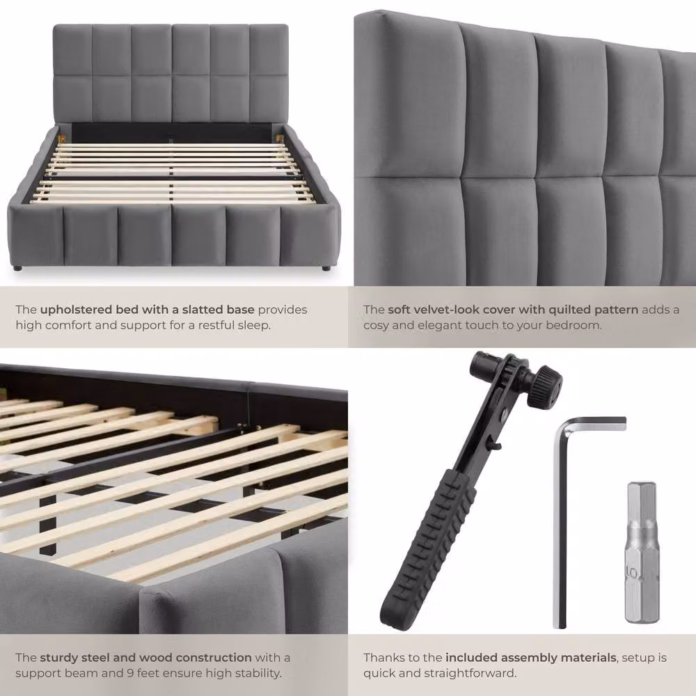 tectake Shirley Upholstered Bed with Slatted Frame in Grey, Super King Size – 5