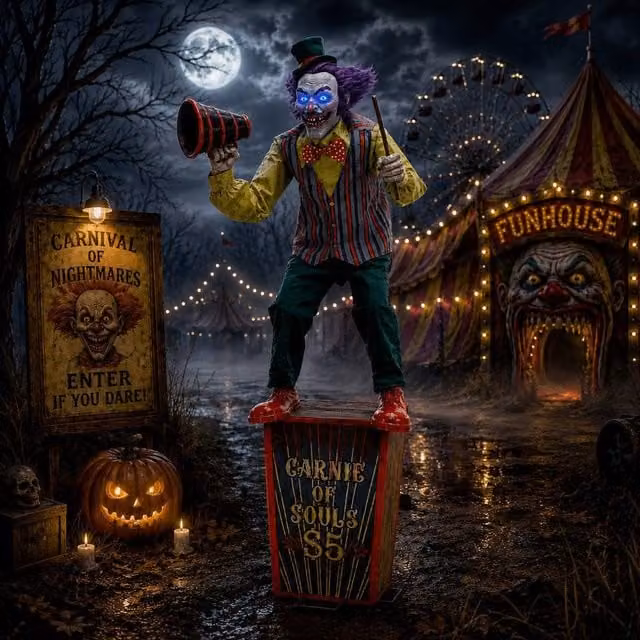 Samuel Alexander 6ft Servo Carnival Barker Halloween Animatronic with Glowing Digi-Eyes and Multicolour Striped Design