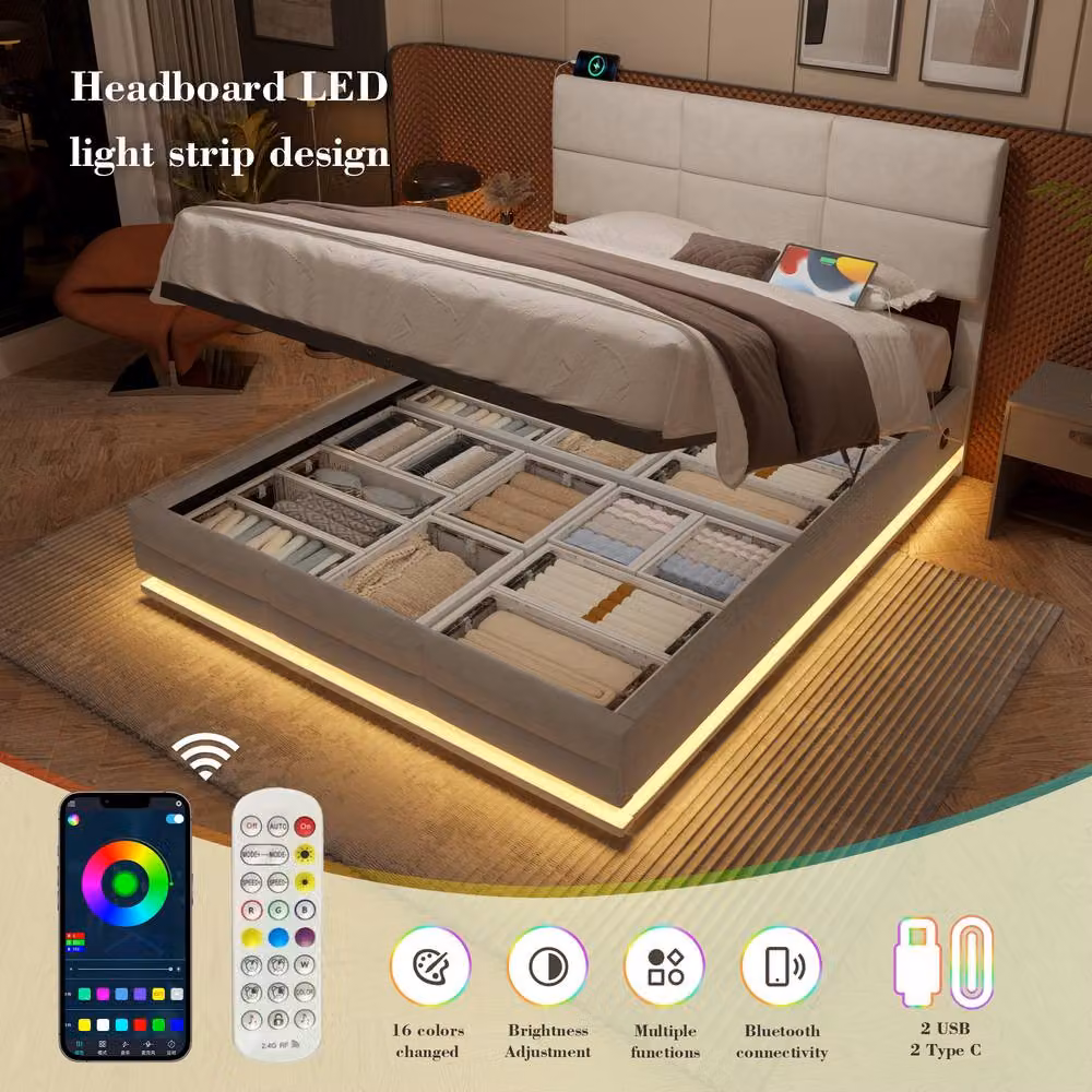 Direct Wicker Grey Velvet Upholstered Double Bed with LED Lighting, USB Charging Port and Lift Up Base, W/D/H: 140 x 200 x 151 cm – 2