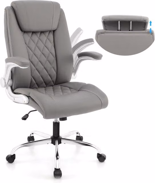 Costway Modern Grey Executive Office Chair with Headrest, Armrests and 360 Degree Swivel in Synthetic Leather