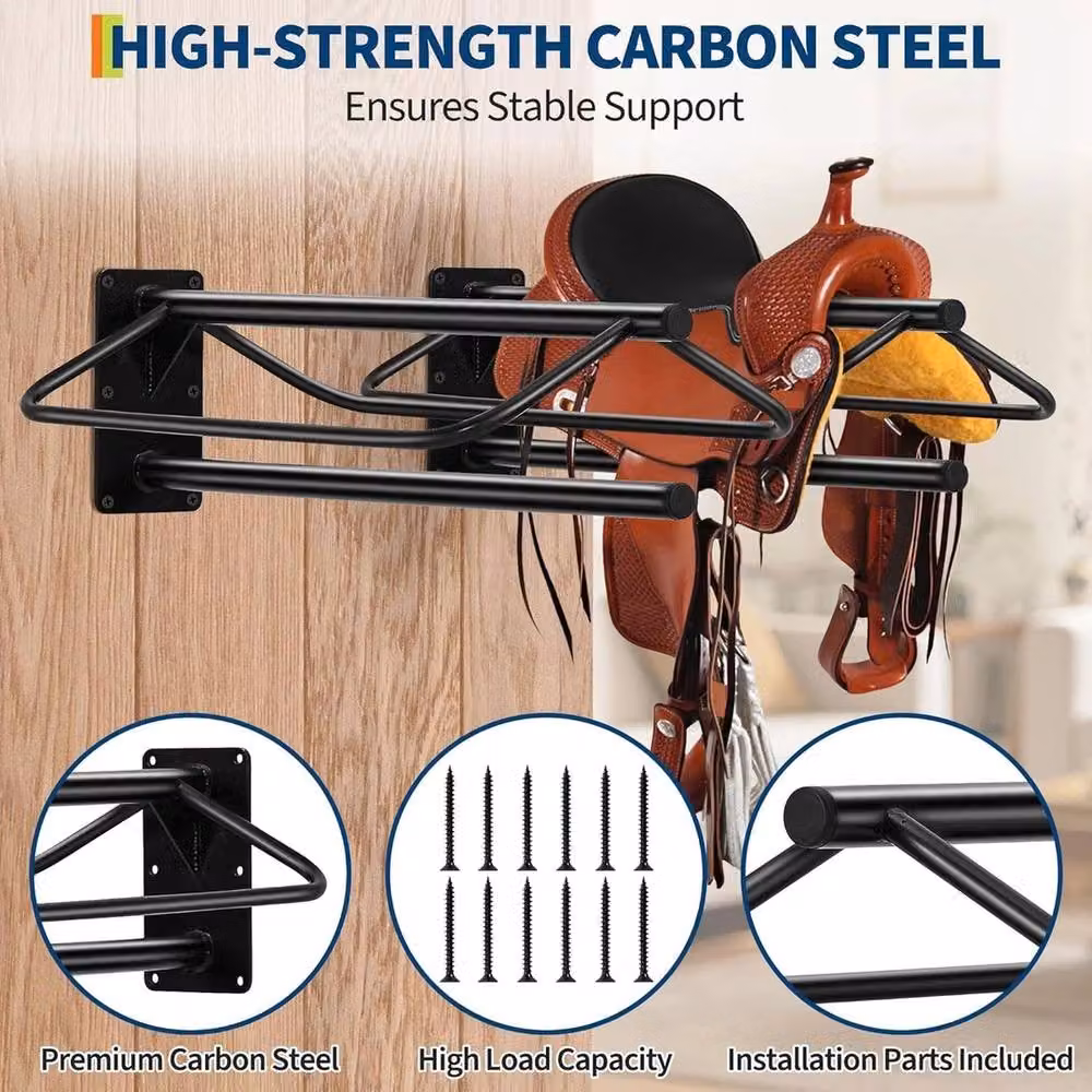 VOGREX 6 Pack Black Metal Wall Mounted Saddle Racks for Horse Tack Rooms – 3