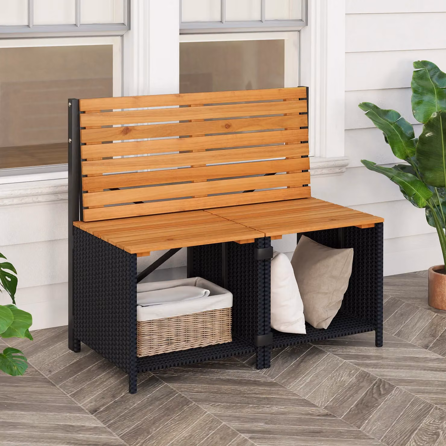 Costway Brown Acacia Wood and Metal Patio Furniture Set with Raised Garden Bed Table and Built-in Chairs – 9