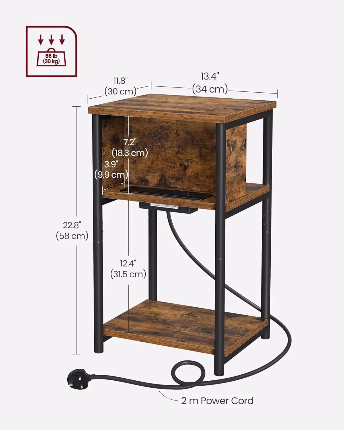 VASAGLE Slim Brown Side Table with 2 AC and USB Charging Outlets – 2