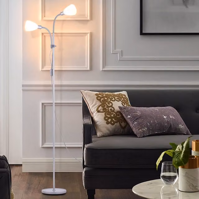 Livingandhome Double LED Torchiere Floor Lamp with Adjustable Reading Light in Silver