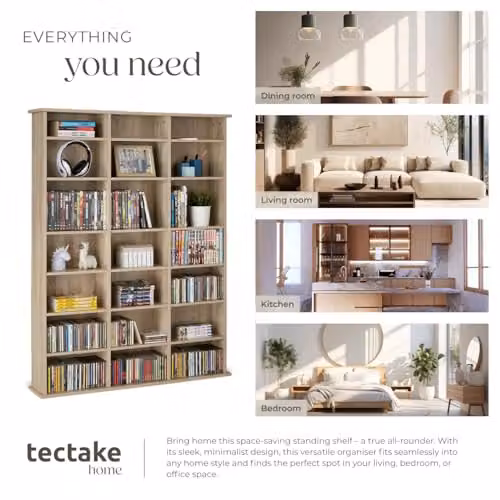 tectake CD Storage Unit in Light Wood with Adjustable Shelves and Media Compartments, H 136.5 x W 105.5 x D 19.0 cm – 5