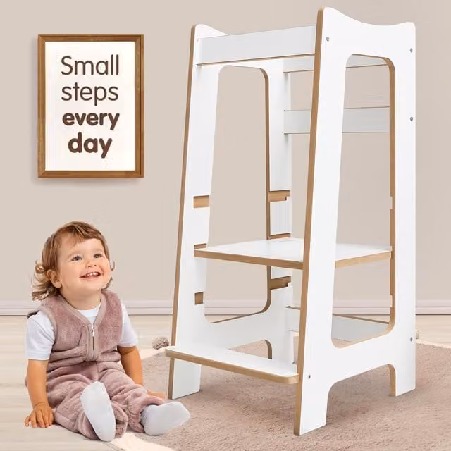Love For Sleep Montessori Learning Tower with Adjustable Heights in White and Pine