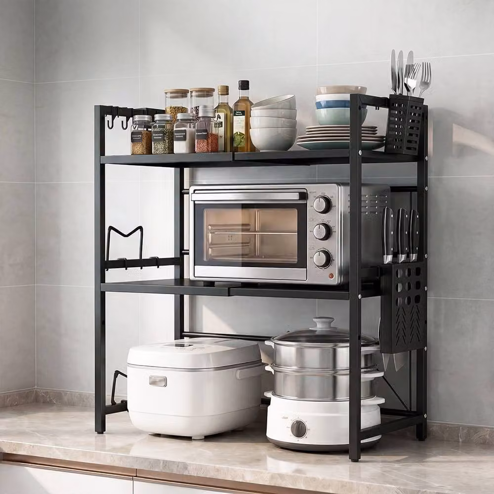Toque 3 Tier Expandable Microwave Oven Rack Stand Kitchen Storage Shelf, Black, W: 77.0 cm, D: 38.5 cm, H: 36.0 cm – 1
