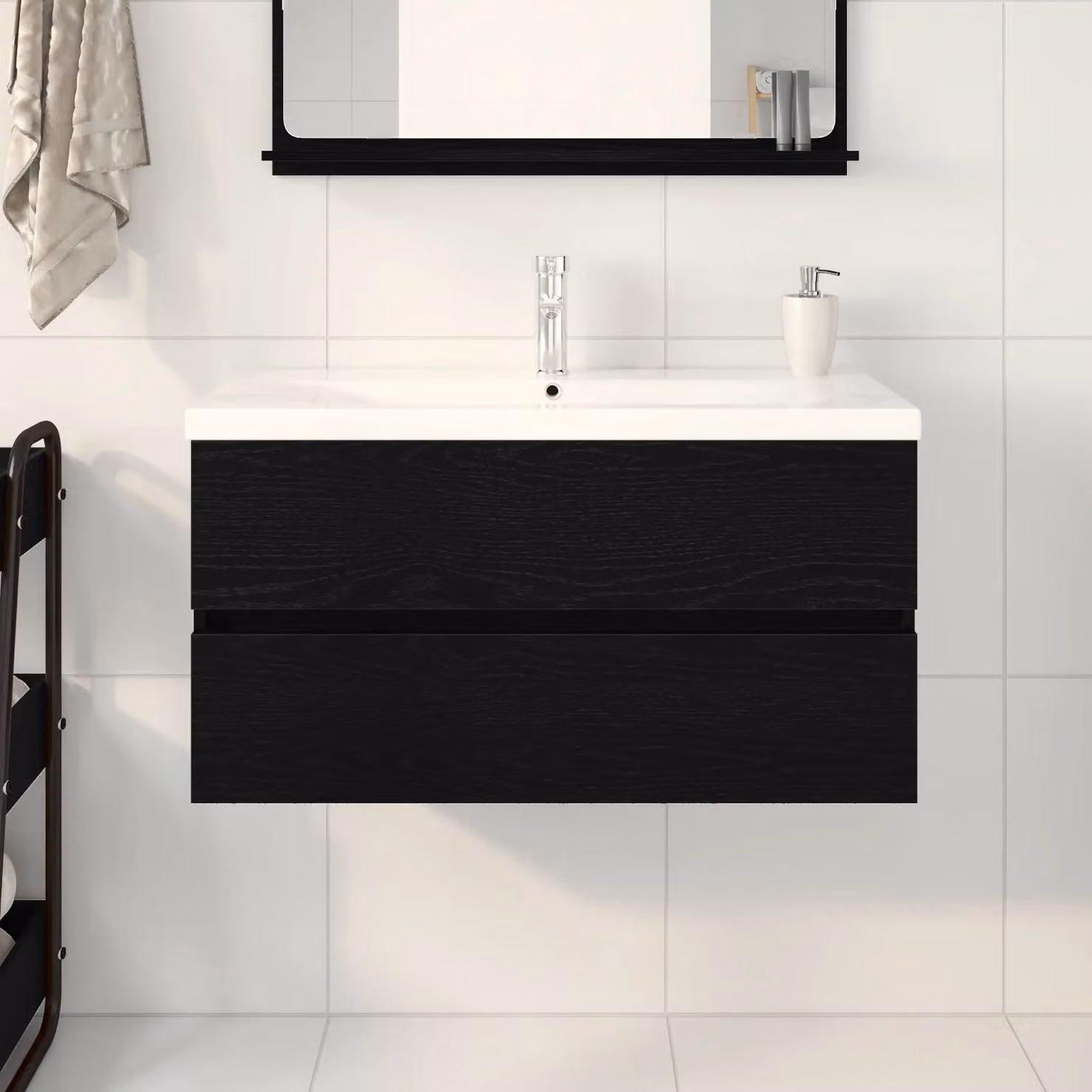 Berkfield Home Black Oak Sink Cabinet with Built-in Basin and Internal Drawers, W: 90 cm, D: 38 cm, H: 45 cm – 3