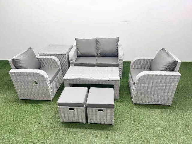 Fimous 6 Seater Grey PE Wicker Rattan Garden Furniture Set with Upholstered Cushions, 2 Seater Sofa, Lounge Armchairs, Oblong Coffee Table and 2 Ottomans