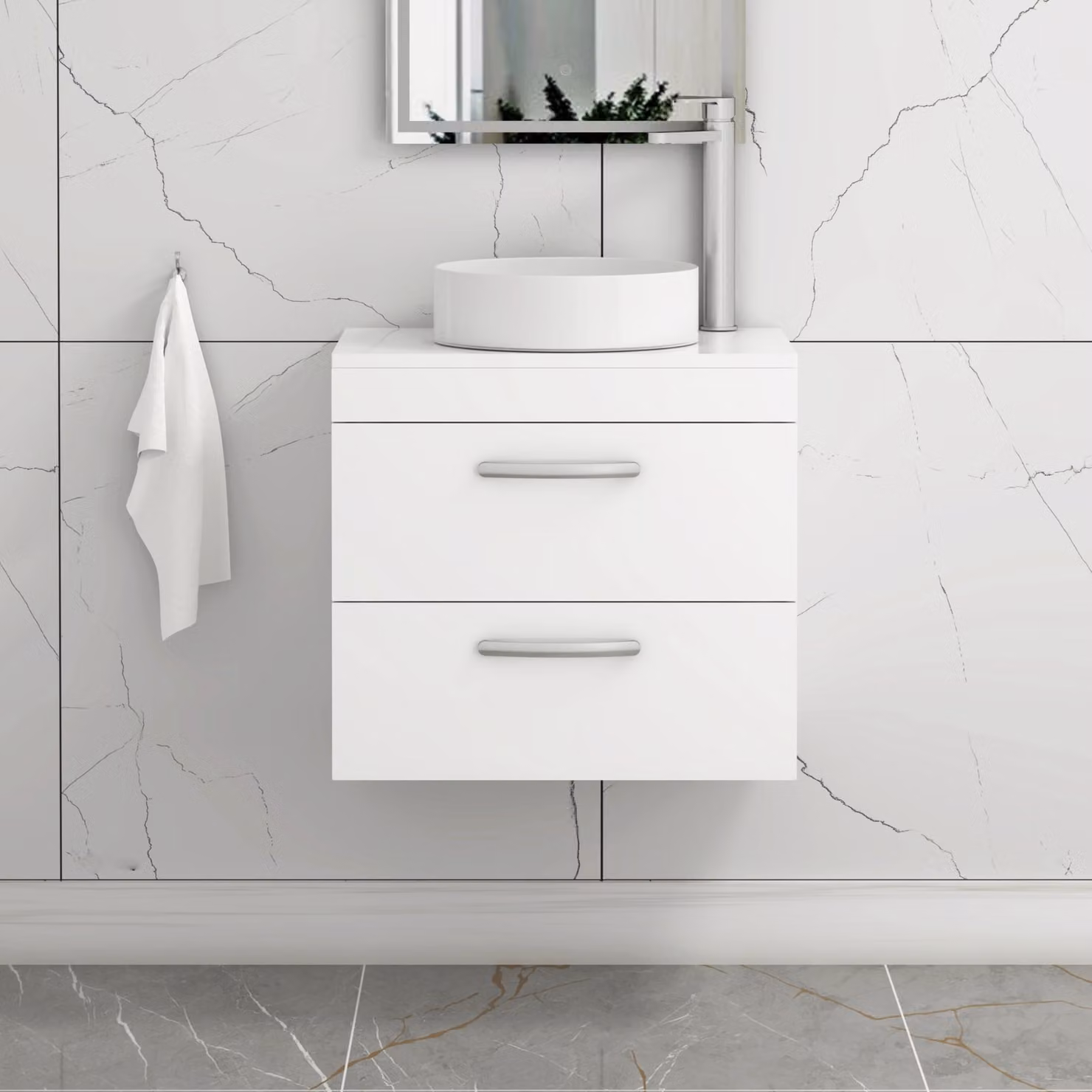 Royal Bathrooms Turin 500mm Wall Hung Gloss White 2 Drawer Vanity Unit with Countertop Basin