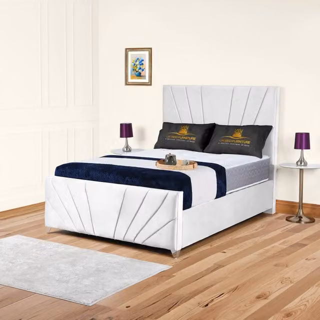 UK Bed Furniture Sunrise Upholstered Velvet Slatted Base Bed in White, W/D/H: 90 x 200 cm – 1