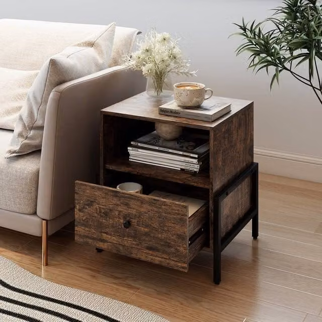 Costway 3-Tier Bedside Table with Drawer and Open Storage Shelf in Brown