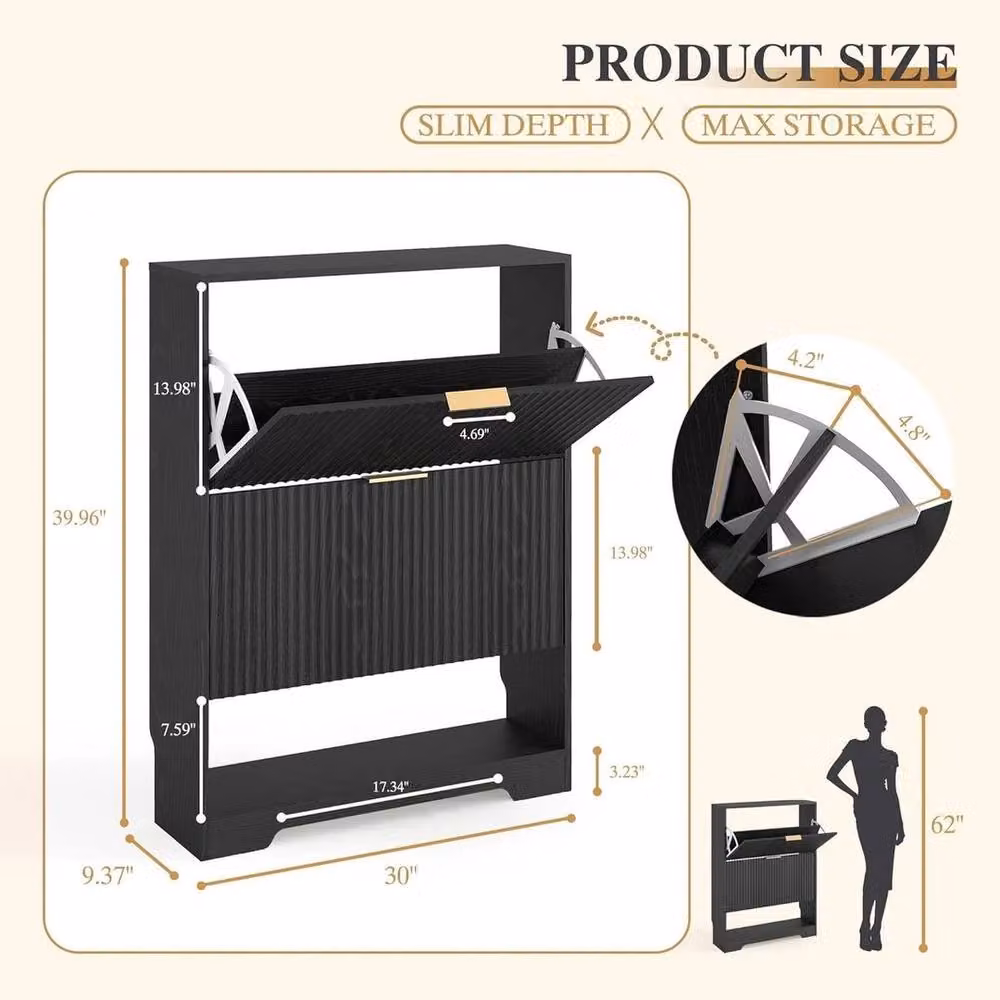 KORVIXA Black Minimalist Tilt-out Shoe Cabinet with Push-to-Open Doors and Internal Shelves, W/D/H: 100 x 100 x 100 cm – 2