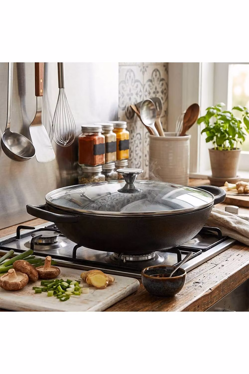Living and Home Uncoated Cast Iron Wok with Glass Lid and Handles in Black – 2