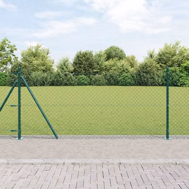 Berkfield Home Green Galvanised Steel Chain Link Fence with 13 Flanged Posts, W: 25 m, H: 0.8 m – 1