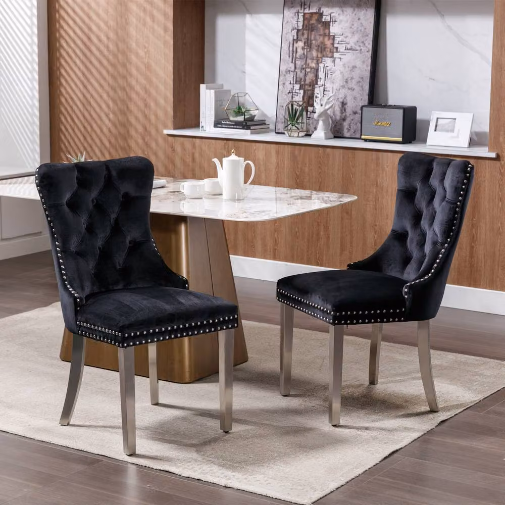 HomeTouch Winchester Set of 6 Black Velvet Upholstered Kitchen Dining Chairs with Silver Chrome Legs – 4