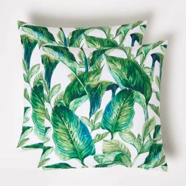 Homescapes Banana Leaf Floral Outdoor Cushion Set of 2, Green, W/D/H: 45 x 45 x 45 cm