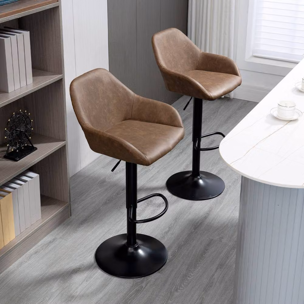 ERGOVEXA Set of 2 Luxe PU Leather Swivel Bar Stools in Dark Brown – 6