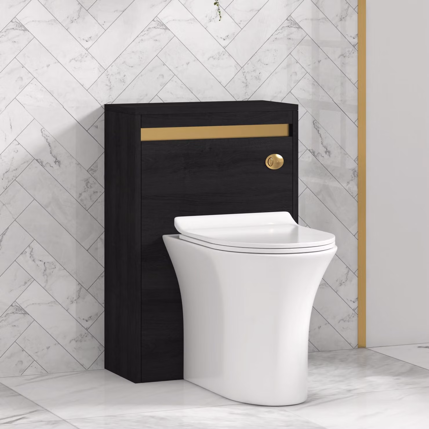 Orion Hale Black BTW WC Unit with Breeze Rimless Toilet Pan, Slim Seat and Cistern with Brushed Brass Accent Trim