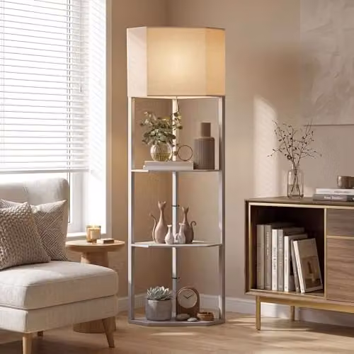 HOMCOM Modern Grey Corner Floor Lamp with Wood Shelves and Pull Chain Switch
