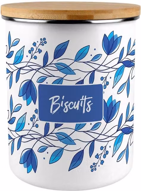 Purely Home Blue Petals Extra Large Enamel Biscuit Tin in Blue Floral Design