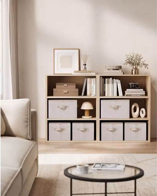 The Bazaarist Set of 6 Foldable Fabric Storage Organiser Boxes with Lids and Handles, Beige/Brown, W/D/H: 40 x 30 x 25 cm