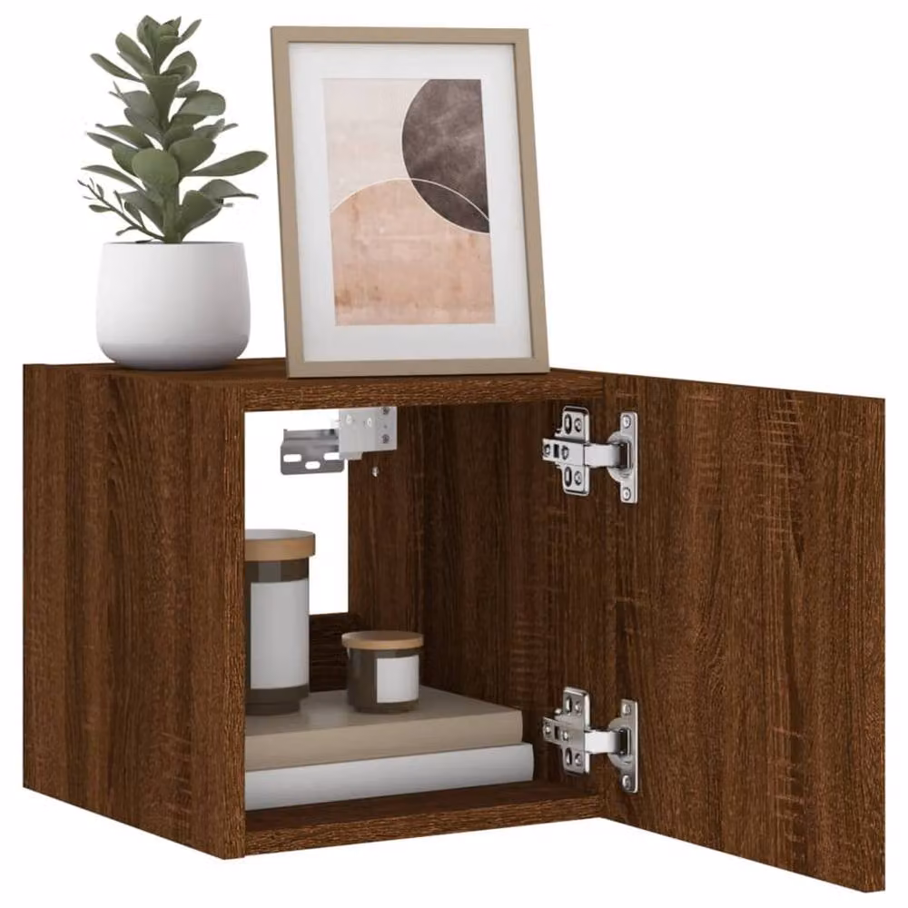 Berkfield Home Set of 2 Modern Wall Mounted TV Cabinets with Integrated LED Lighting in Brown Oak, W/D/H: 30.5 x 30.5 x 30.5 cm – 3