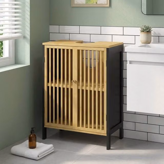 STILVORA Under Sink Bathroom Cabinet with Adjustable Internal Shelves in Sand and Brown Bamboo