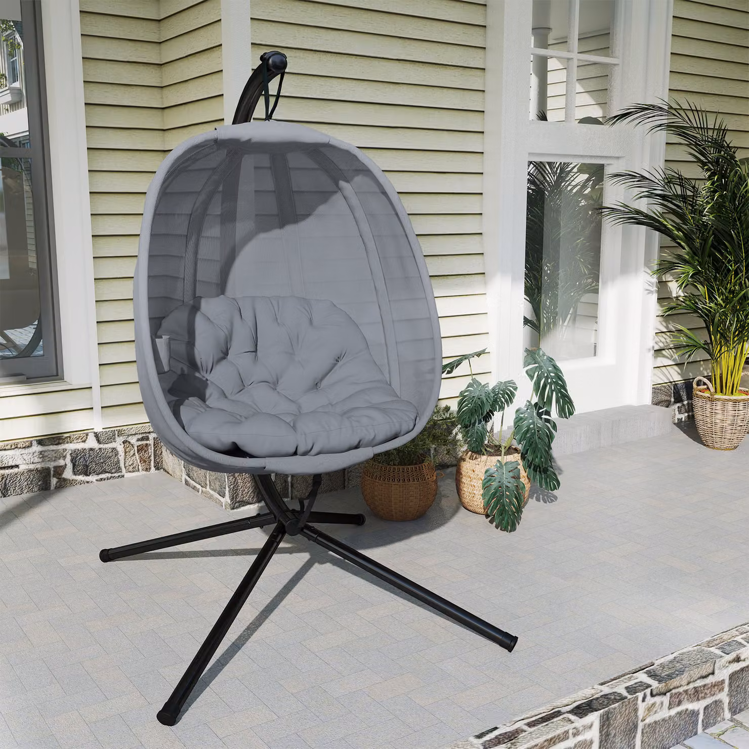 Outsunny Grey Folding Hanging Egg Chair with Stand and Cushions – 7