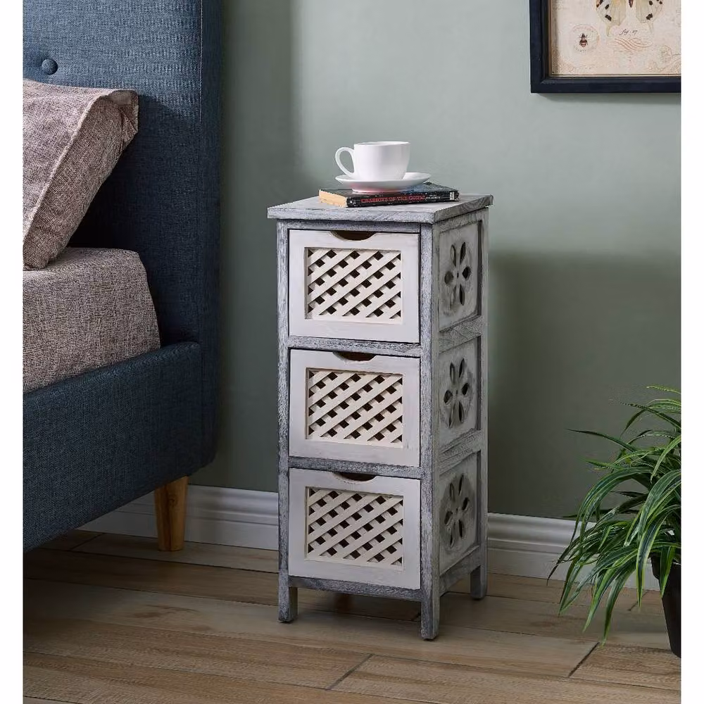 LIVIVO Minerva 3 Drawer Chest of Drawers in Grey and White with Rattan Style Woven Baskets – 3