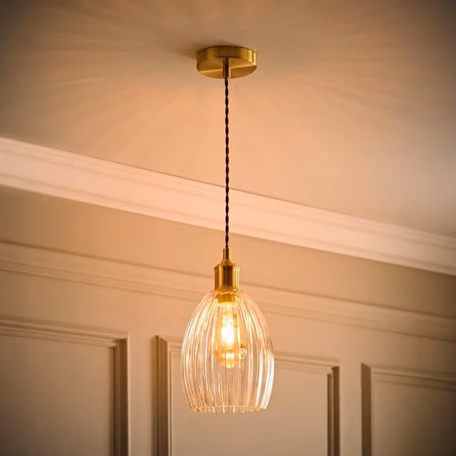 ValueLights Cheltenham Gold and Transparent Clear Ribbed Glass Dome Pendant Ceiling Light with Bulb – 1