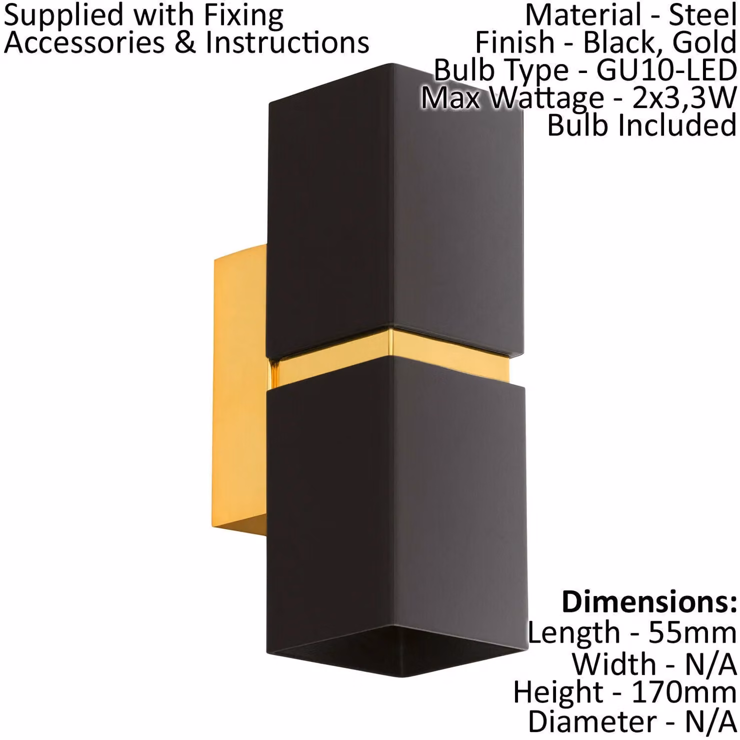 Loops Square Modern Wall Light in Black and Gold Plated Steel with GU10 LED Bulbs – 2