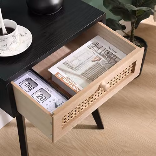 SPOT ON DEALZ Black Rattan Bedside Table with Drawer and MDF Wood Frame, W/D/H: 30 x 40 x 50 cm – 6