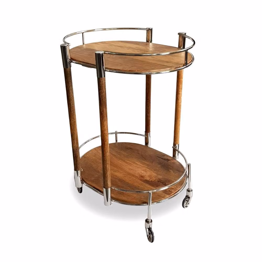 Elm Home And Garden Round Mango Wood Drinks Trolley with Silver Metal Frame in Natural, W/D/H: 76.0 x 53.0 x 48.0 cm – 2