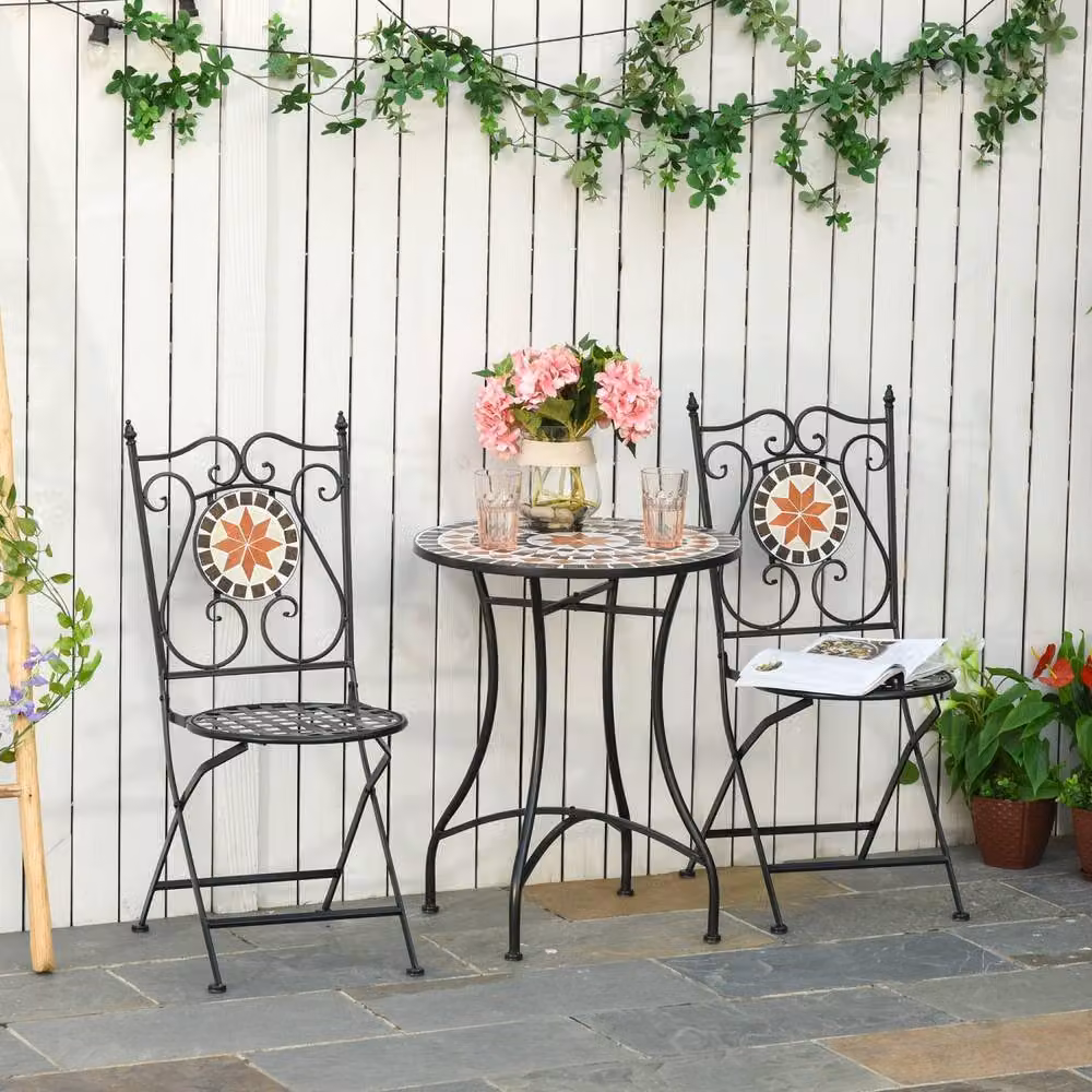 Wyld Haus Rakamo 3 Piece Mosaic Bistro Set with Ceramic Top and Folding Chairs in Black and Multicolour – 3