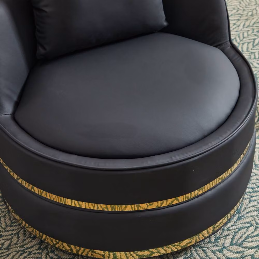 Matteo Black Modern 360 Swivel Barrel Accent Chair with Gold Trim and Synthetic Leather – 2