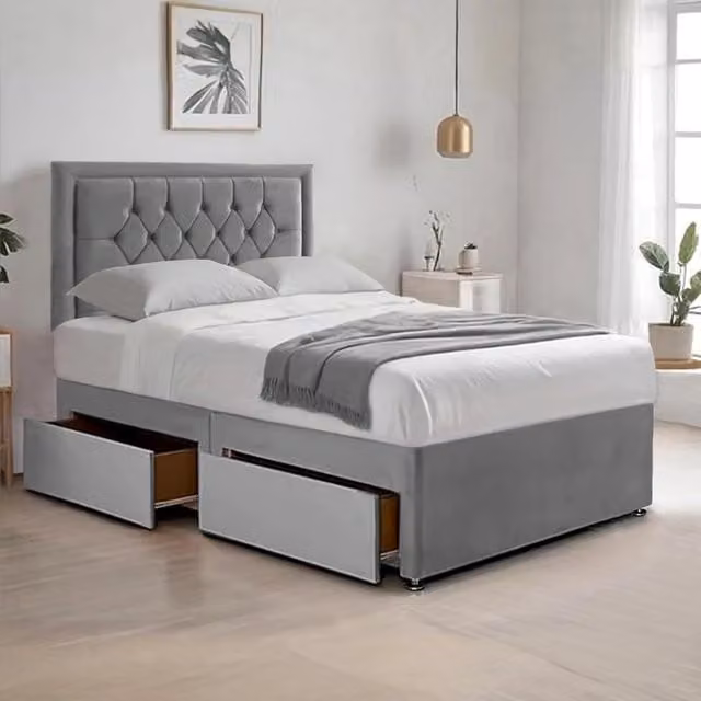 Bed Time UK Plush Grey Velvet Super King Divan Bed with Hybrid Mattress, 2 Drawers and 20 inch Chesterfield Headboard, W/D/H: 200 x 200 cm