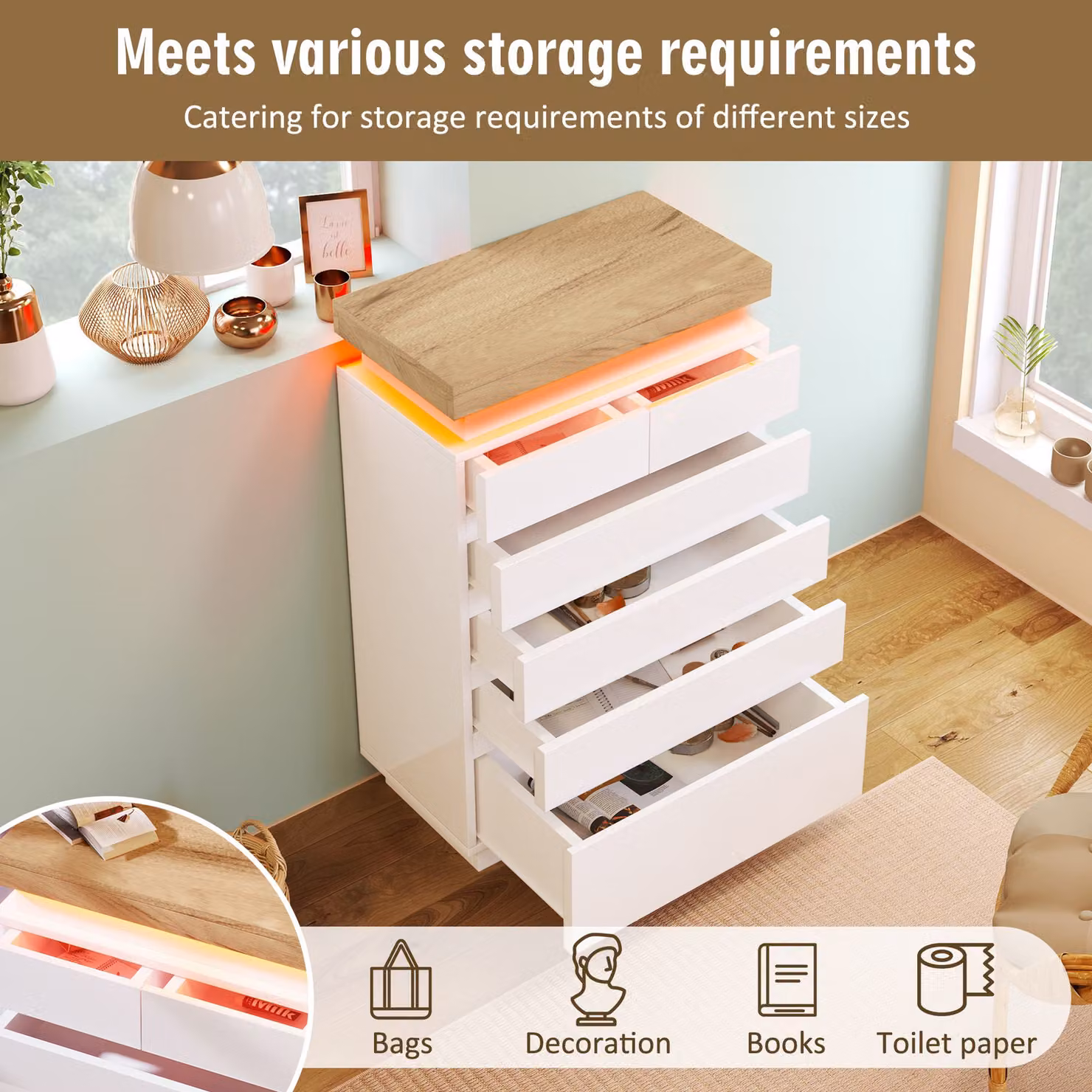 Aosom.UK High-Gloss Storage Cabinet with 6 Drawers and LED Lighting, White, W: 39 cm, D: 73 cm, H: 115 cm – 3