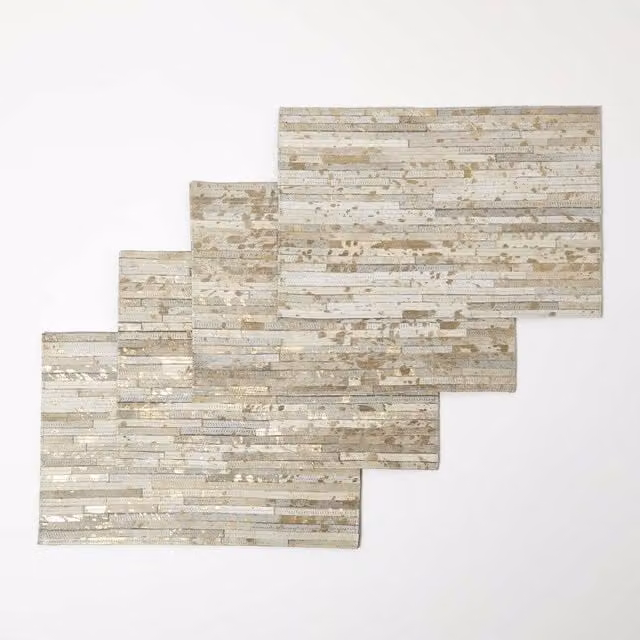 Homescapes Set of 4 Square Leather Placemats in Gold and Grey